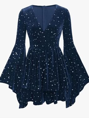 Cider Navy Star Print Velvet Romper with Bell Sleeves
